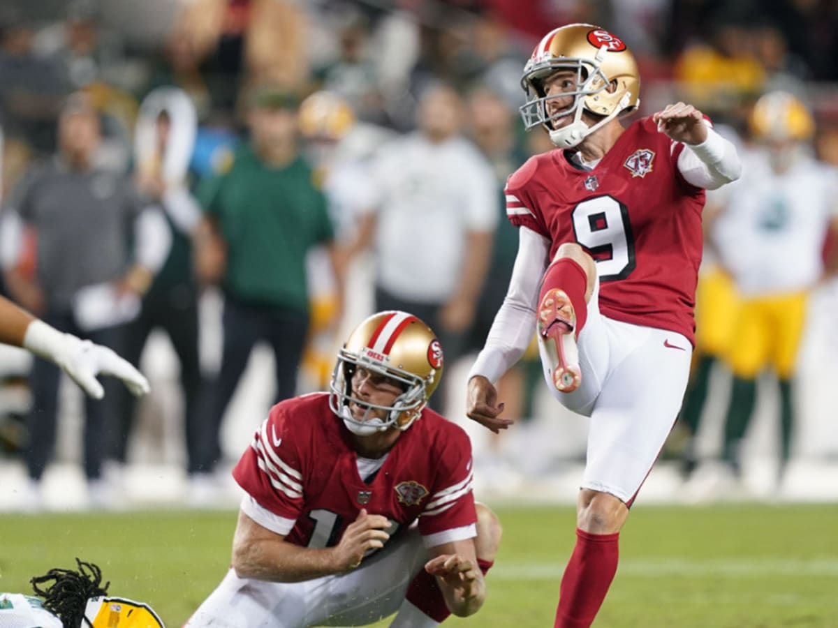 San Francisco 49ers kicker Robbie Gould (9) follows his kick