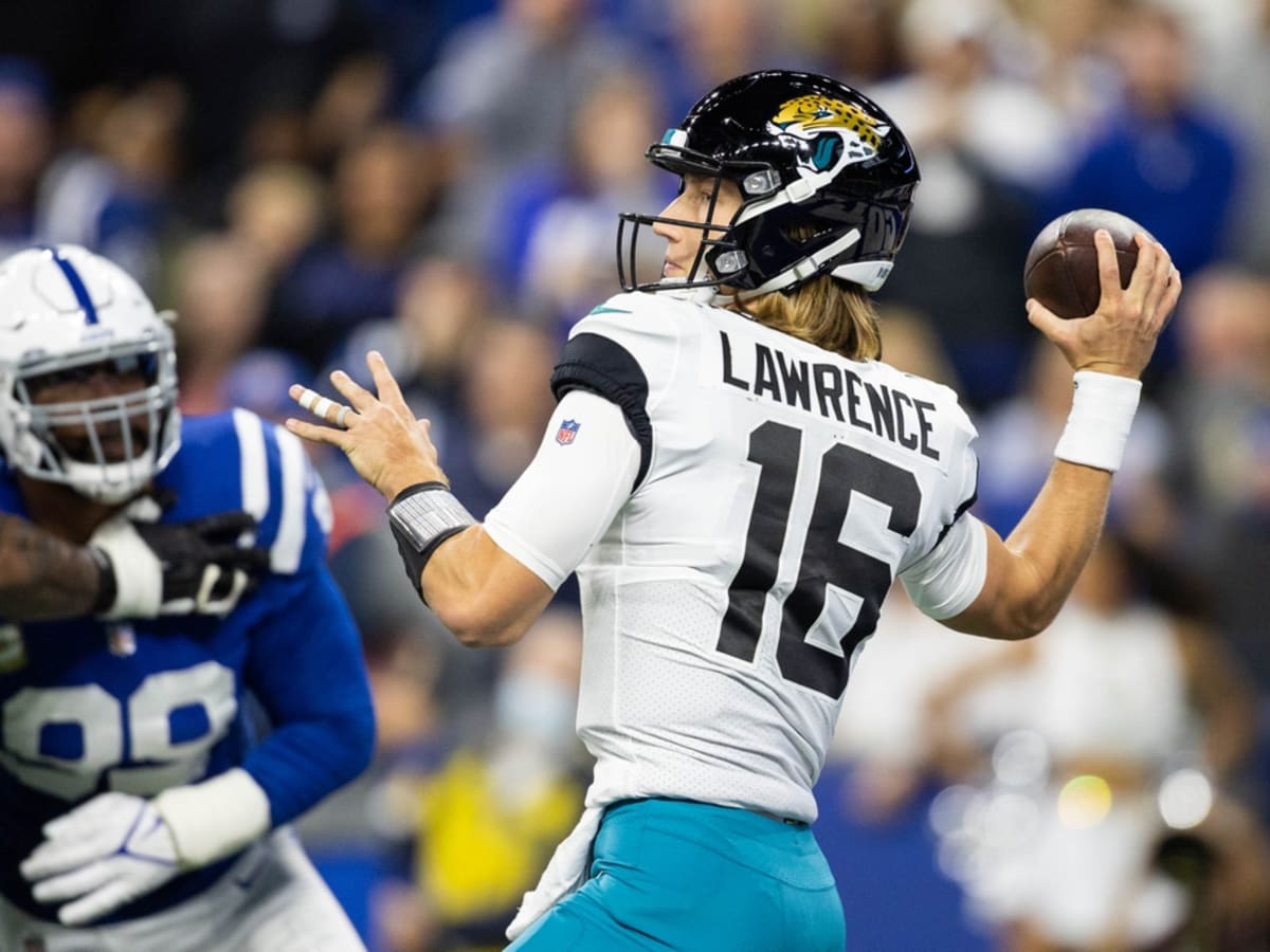 November 14, 2021: Jacksonville Jaguars quarterback Trevor Lawrence (16)  during pregame of NFL football game action between the Jacksonville Jaguars  and the Indianapolis Colts at Lucas Oil Stadium in Indianapolis, Indiana.  Indianapolis