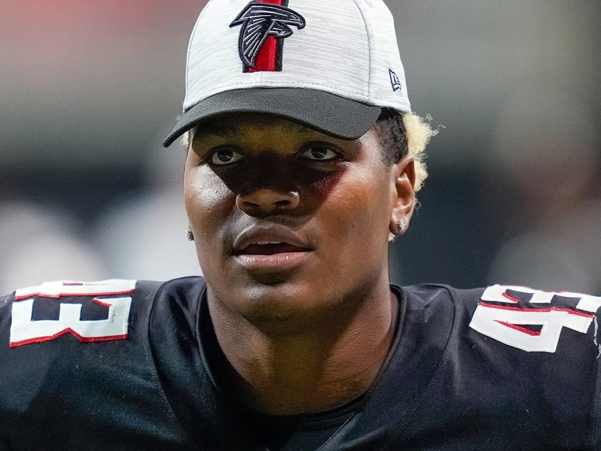 Atlanta Falcons linebacker Mykal Walker (3) and cornerback A.J. Terrell  (24) talk during a break in NFL football training camp at the team's  practice facility in Flowery Branch, Ga., Wednesday, Aug. 10