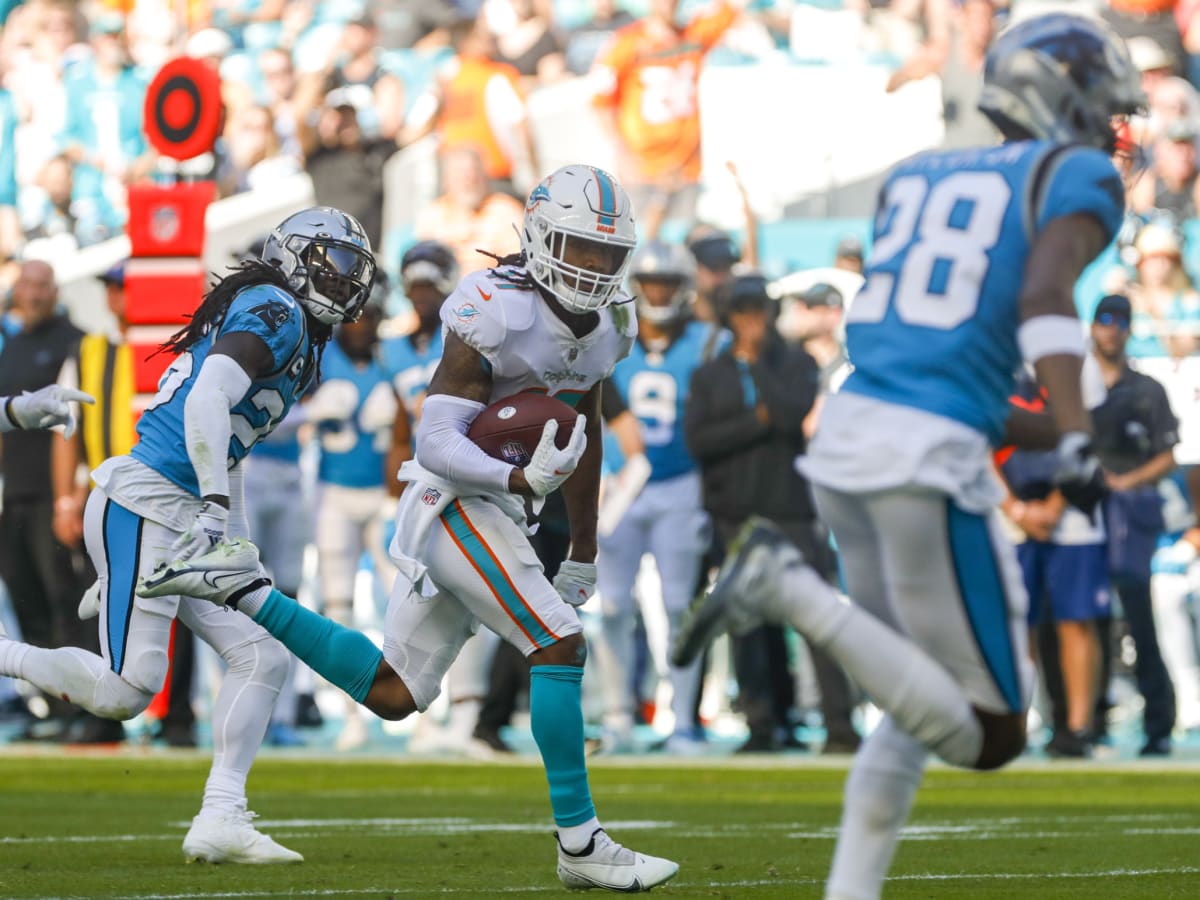 Carolina Panthers center Carolina Panthers defensive end Morgan Fox (91)  walks on the sidelines during an NFL football game against the Miami  Dolphins, Sunday, Nov. 28, 2021, in Miami Gardens, Fla. (AP