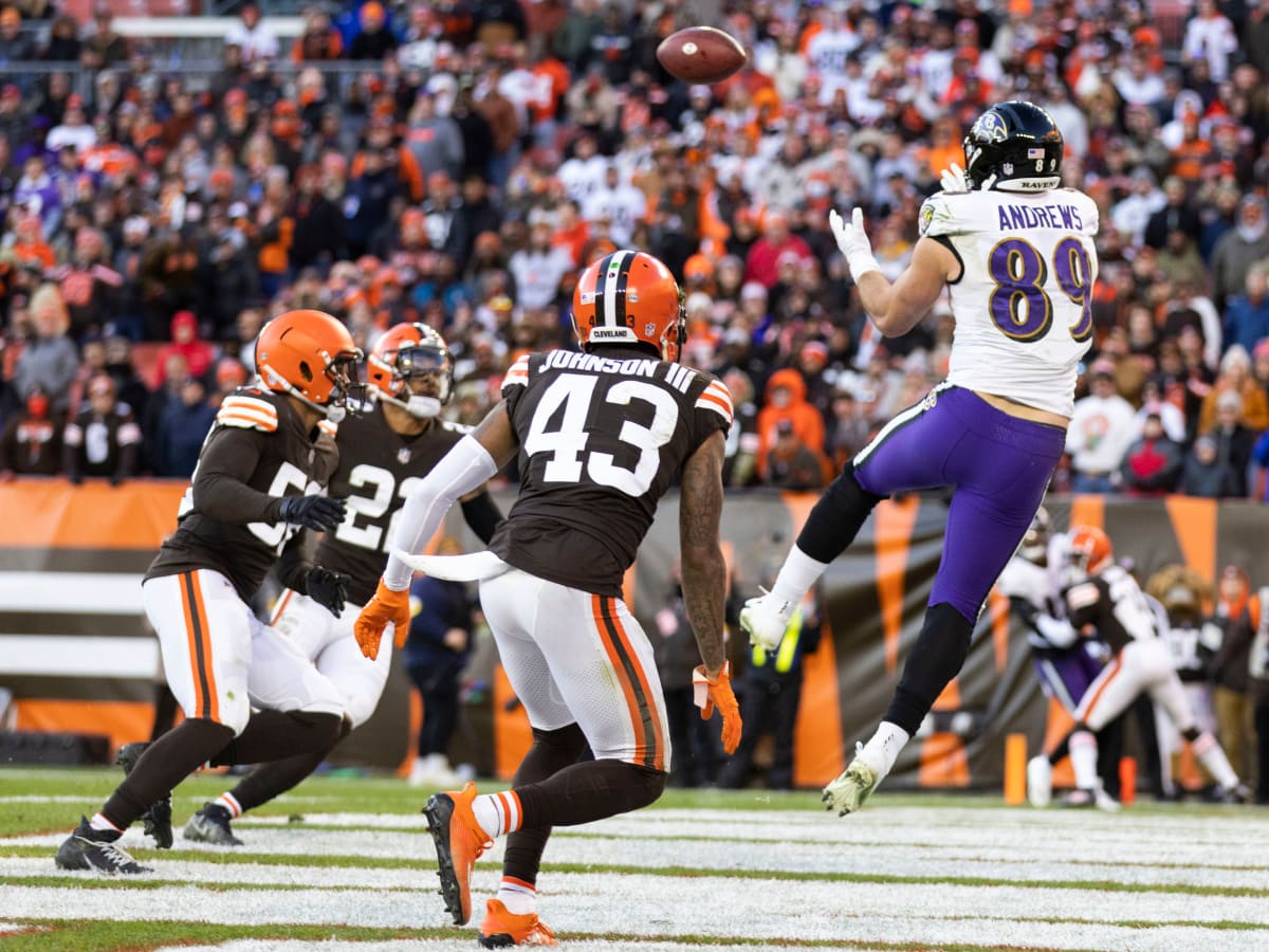 CLEVELAND, OH - DECEMBER 12: Baltimore Ravens tight end Mark Andrews (89)  in the end zone after making a touchdown catch during the fourth quarter of  the National Football League game between