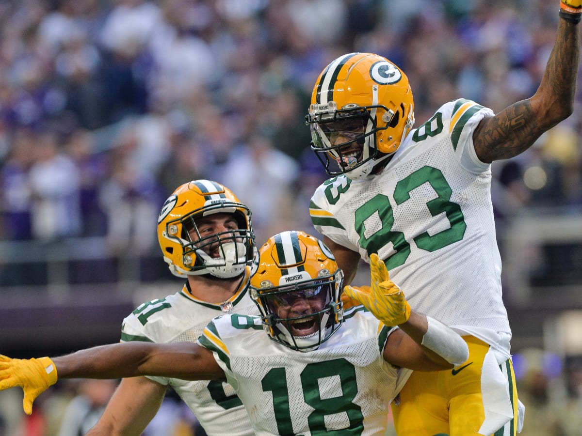 December 12, 2021: Green Bay Packers wide receiver Marquez Valdes-Scantling  #83 points to a first down during NFL football game between the Chicago  Bears and the Green Bay Packers at Lambeau Field