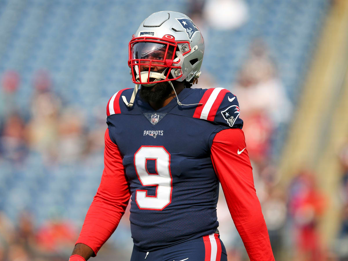 New England Patriots linebacker Matthew Judon (9) reacts during the first  half of an NFL pre-season football game against the Houston Texans,  Thursday, Aug. 10, 2023, in Foxborough, Mass. (AP Photo/Greg M.