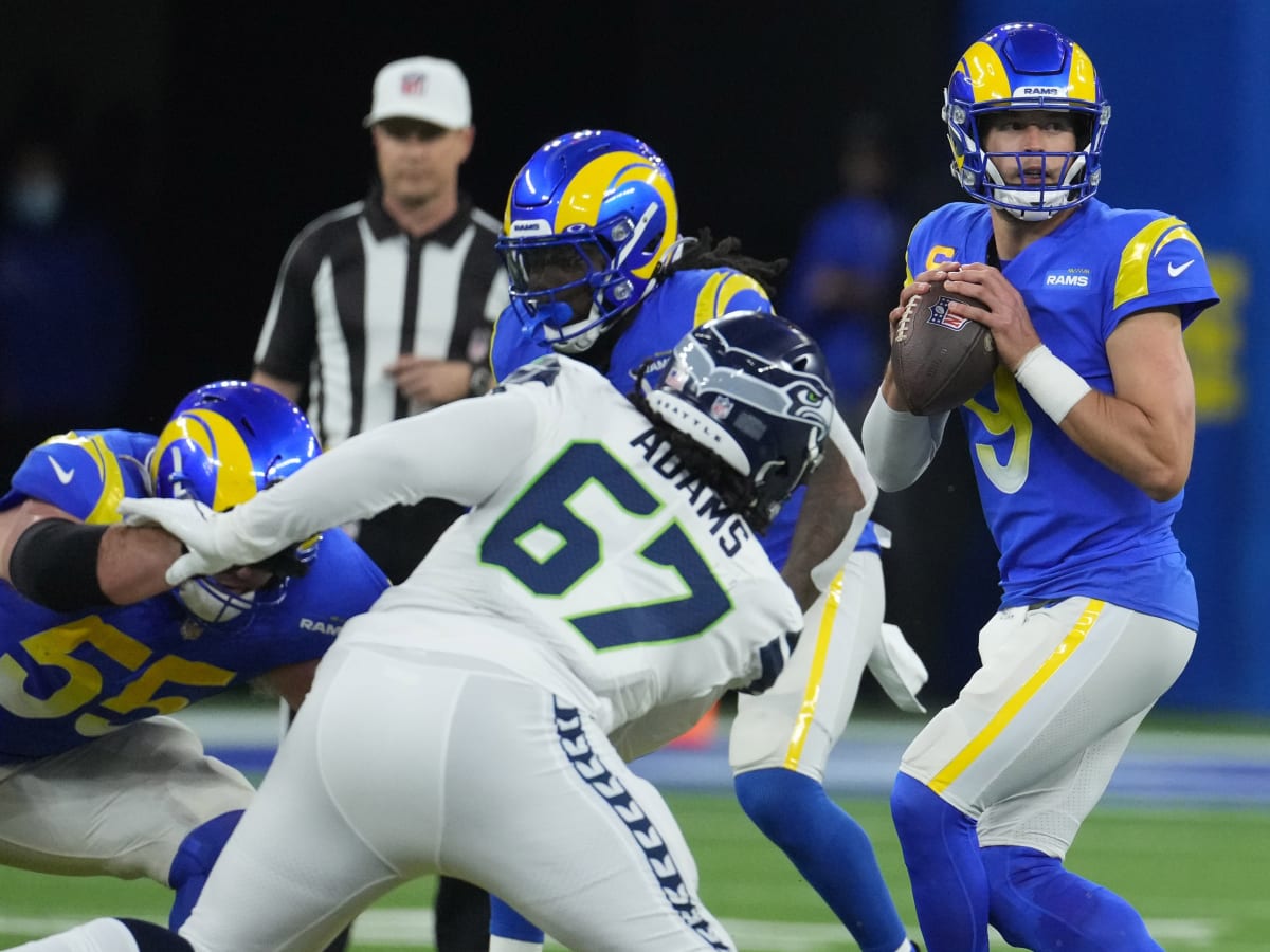 Seattle Seahawks defensive tackle Myles Adams (95) walks off the field  after an NFL football game against the Carolina Panthers, Sunday, Dec. 11,  2022, in Seattle, WA. The Panthers defeated the Seahawks