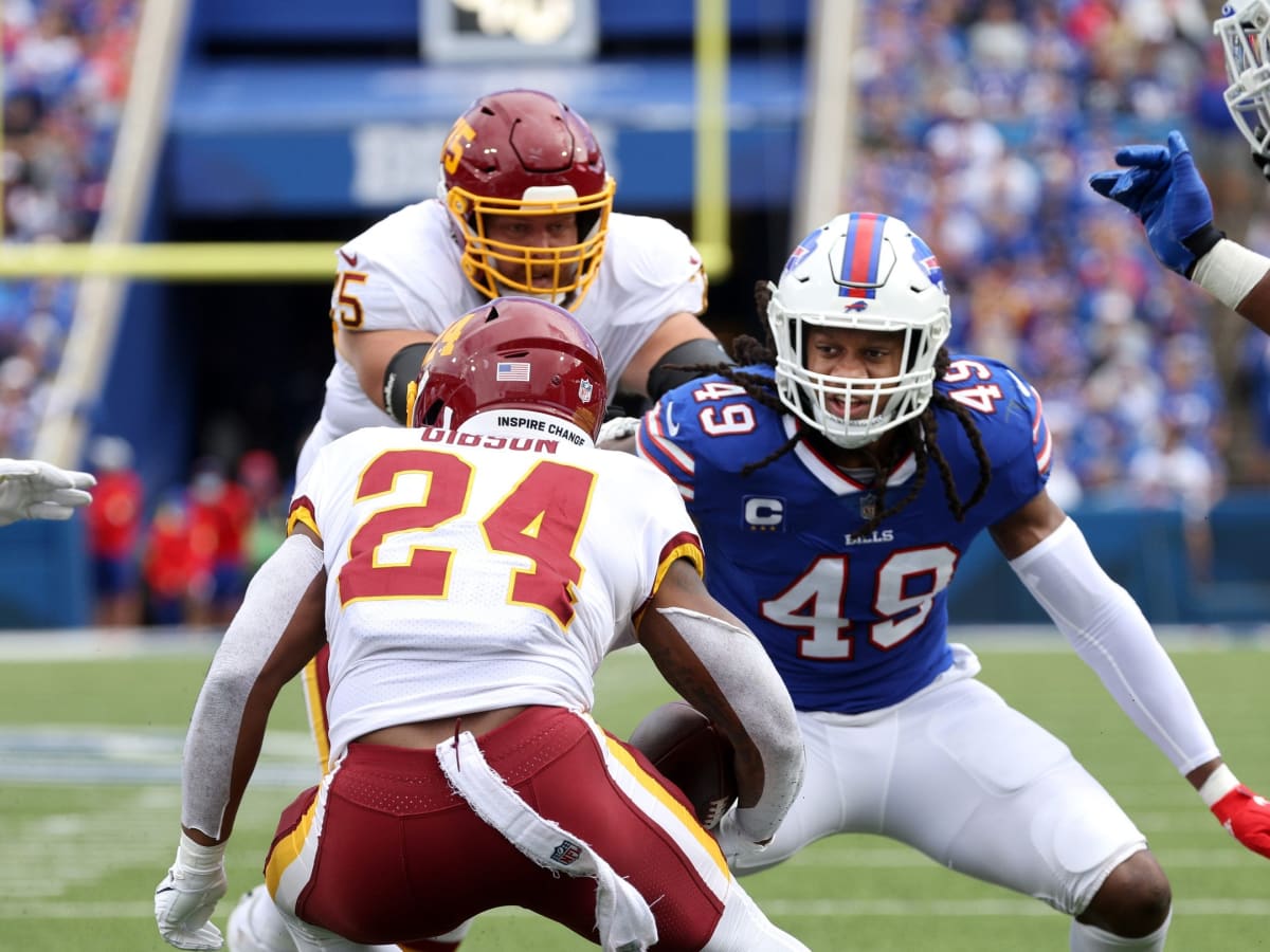 Buffalo Bills middle linebacker Tremaine Edmunds (49) reacts while walking  off the field after an NFL football game against the Arizona Cardinals,  Sunday, Nov. 15, 2020, in Glendale, Ariz. (AP Photo/Jennifer Stewart