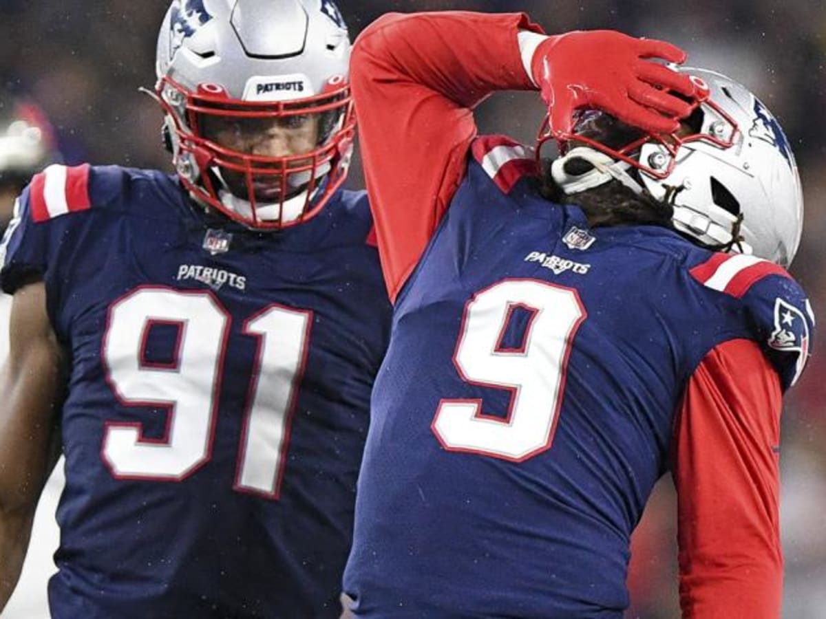 New England Patriots linebacker Matthew Judon (9) defends during the first  half of an NFL football game against the Baltimore Ravens, Sunday, Sep. 25,  2022, in Foxborough, Mass. (AP Photo/Stew Milne Stock