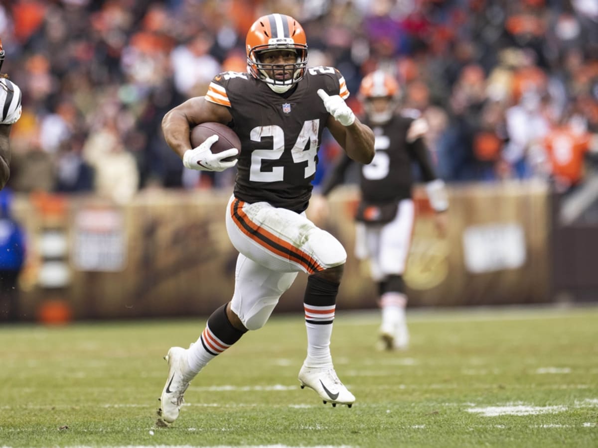 Three Cleveland Browns Myles Garrett, Joel Bitonio and Nick Chubb