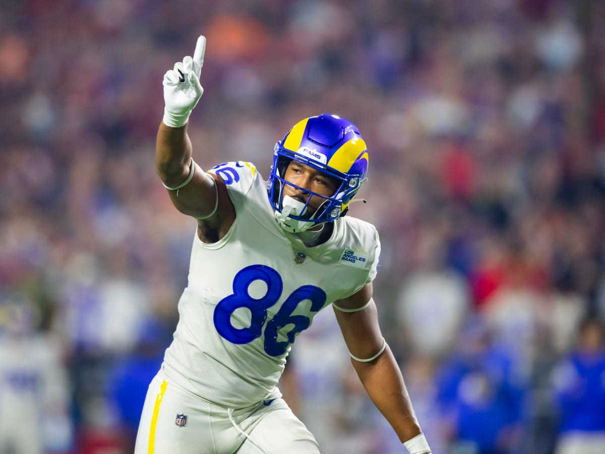 Los Angeles Rams tight end Kendall Blanton, center, celebrates his  touchdown catch with teammat …