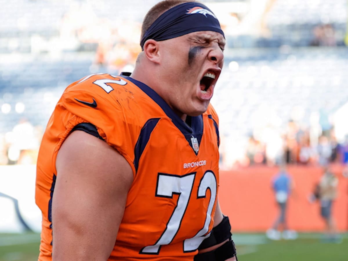 Garett Bolles of the Denver Broncos runs up field against the New York Jest  in the first half of an NFL football game Sunday, Sept. 26, 2021, in Denver.  (AP Photo/Bart Young