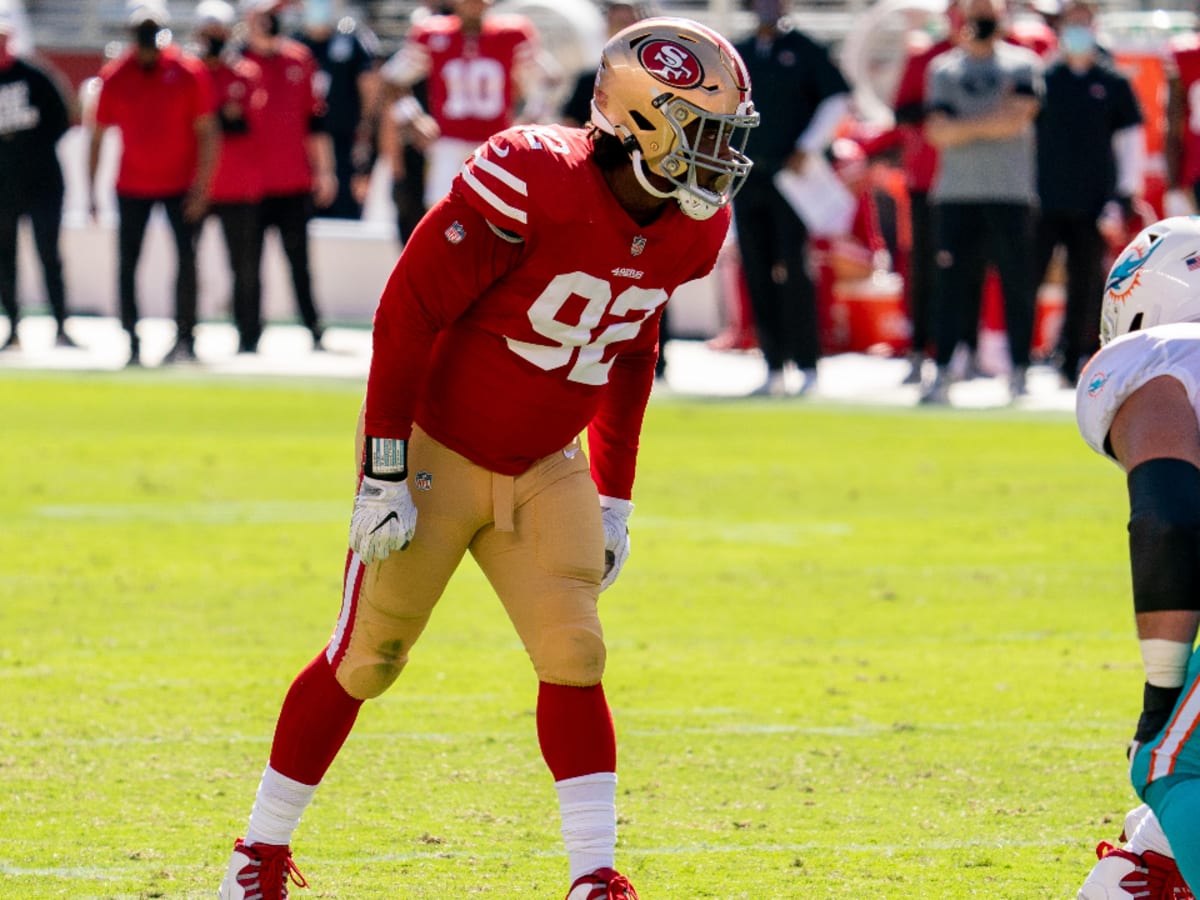 San Francisco 49ers defensive end Jordan Willis, left, and defensive end  Kerry Hyder Jr. against the Los Angeles Chargers during an NFL football  game in Santa Clara, Calif., Sunday, Nov. 13, 2022. (