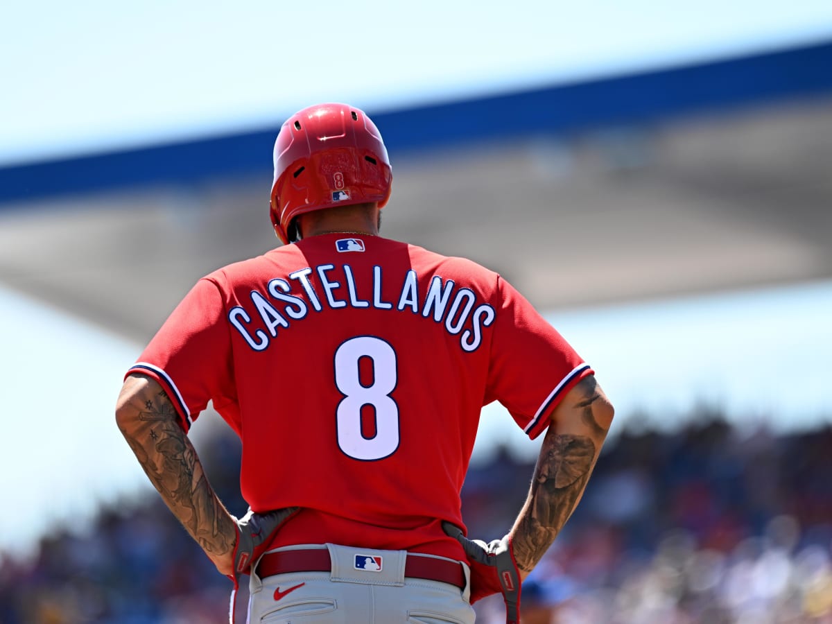 Philadelphia Phillies' Bryce Harper (3) reacts after Nick Castellanos (8)  hit a two-run home run during the first inning a spring training baseball  game against the Baltimore Orioles, Monday, March 28, 2022