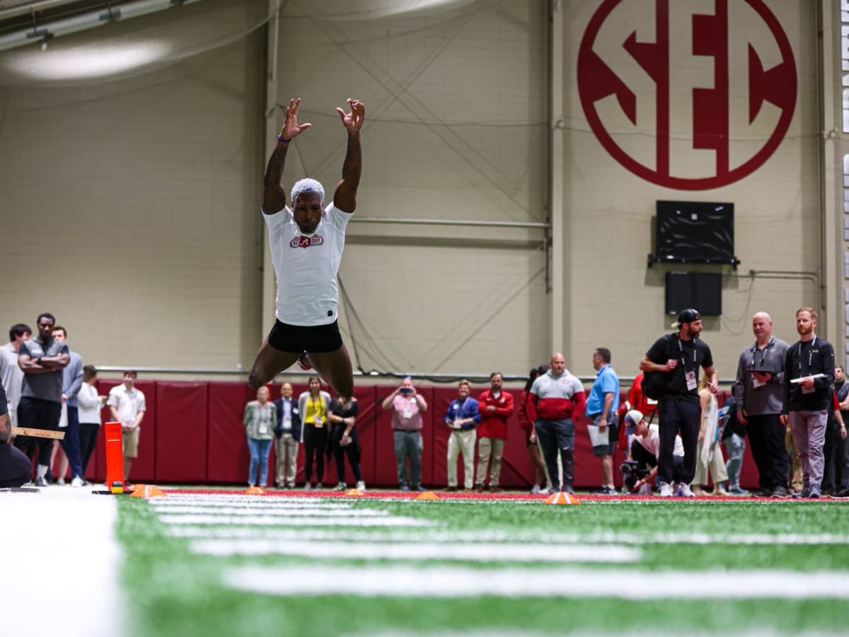 Slade Bolden #WO04 of Alabama runs a drill during the NFL Combine