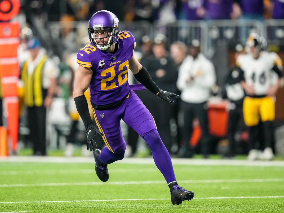 Harrison Smith #22 of the Minnesota Vikings watches from the