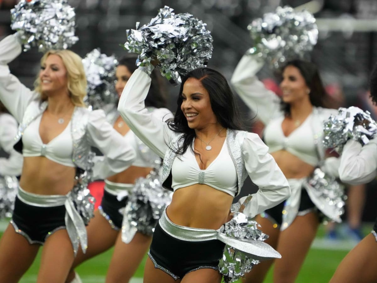 Las Vegas Raiderettes cheerleaders perform during the second half of an NFL  football game between the Las Vegas Raiders and the Chicago Bears, Sunday,  Oct. 10, 2021, in Las Vegas. (AP Photo/Rick