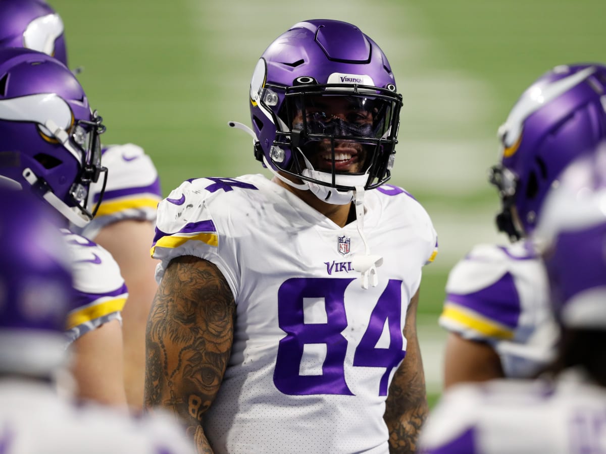 A Salute to Service ribbon is seen on the back of the helmet of Minnesota  Vikings tight end Irv Smith Jr. during the first half of an NFL football  game against the