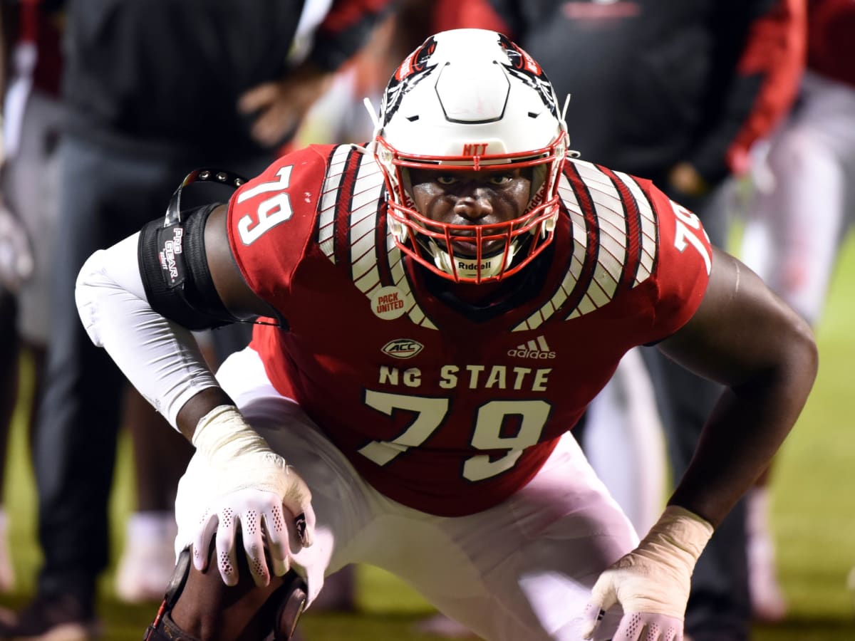 North Carolina State offensive tackle Ikem Ekwonu poses for photos after  being picked by the Carolina Panthers with the sixth pick of the NFL  football draft Thursday, April 28, 2022, in Las