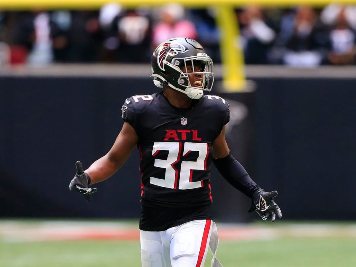 Atlanta Falcons safety Jaylinn Hawkins (32) lines up during the first half  of an NFL football game against the Carolina Panthers, Sunday, Sep. 10,  2023, in Atlanta. The Atlanta Falcons won 24-10. (