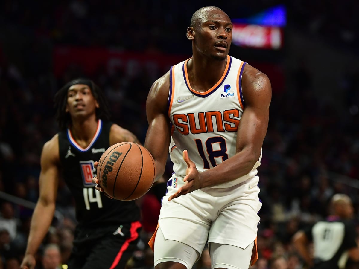 Bismack Biyombo of the Phoenix Suns reacts to a call during the
