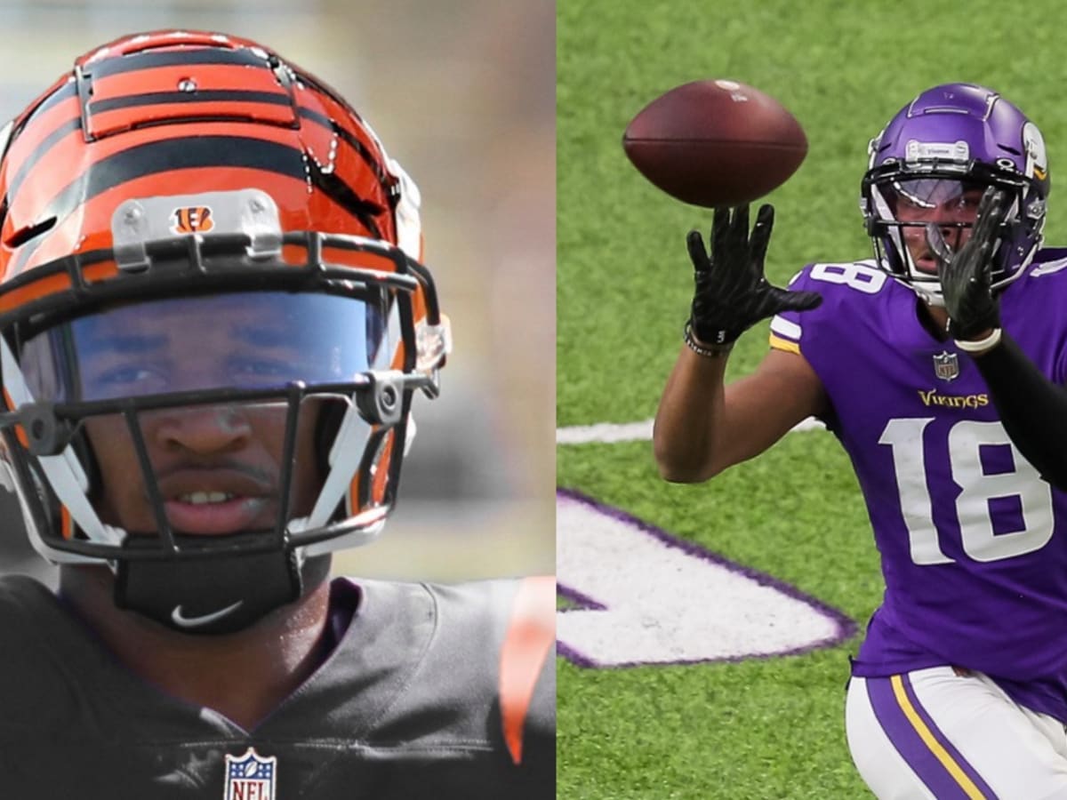 Cincinnati Bengals wide receiver Ja'Marr Chase, left, and Minnesota Vikings  wide receiver Justin Jefferson exchange autographed jerseys after an NFL  football game Sunday, Sept. 12, 2021, in Cincinnati. (AP Photo/Jeff Dean  Stock