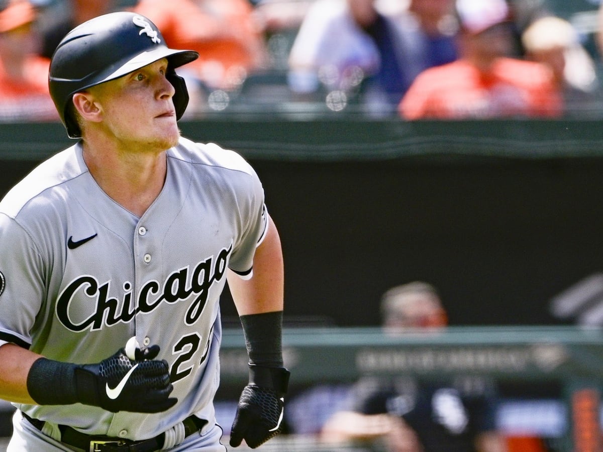 Andrew Vaughn of the Chicago White Sox hits a RBI single in the