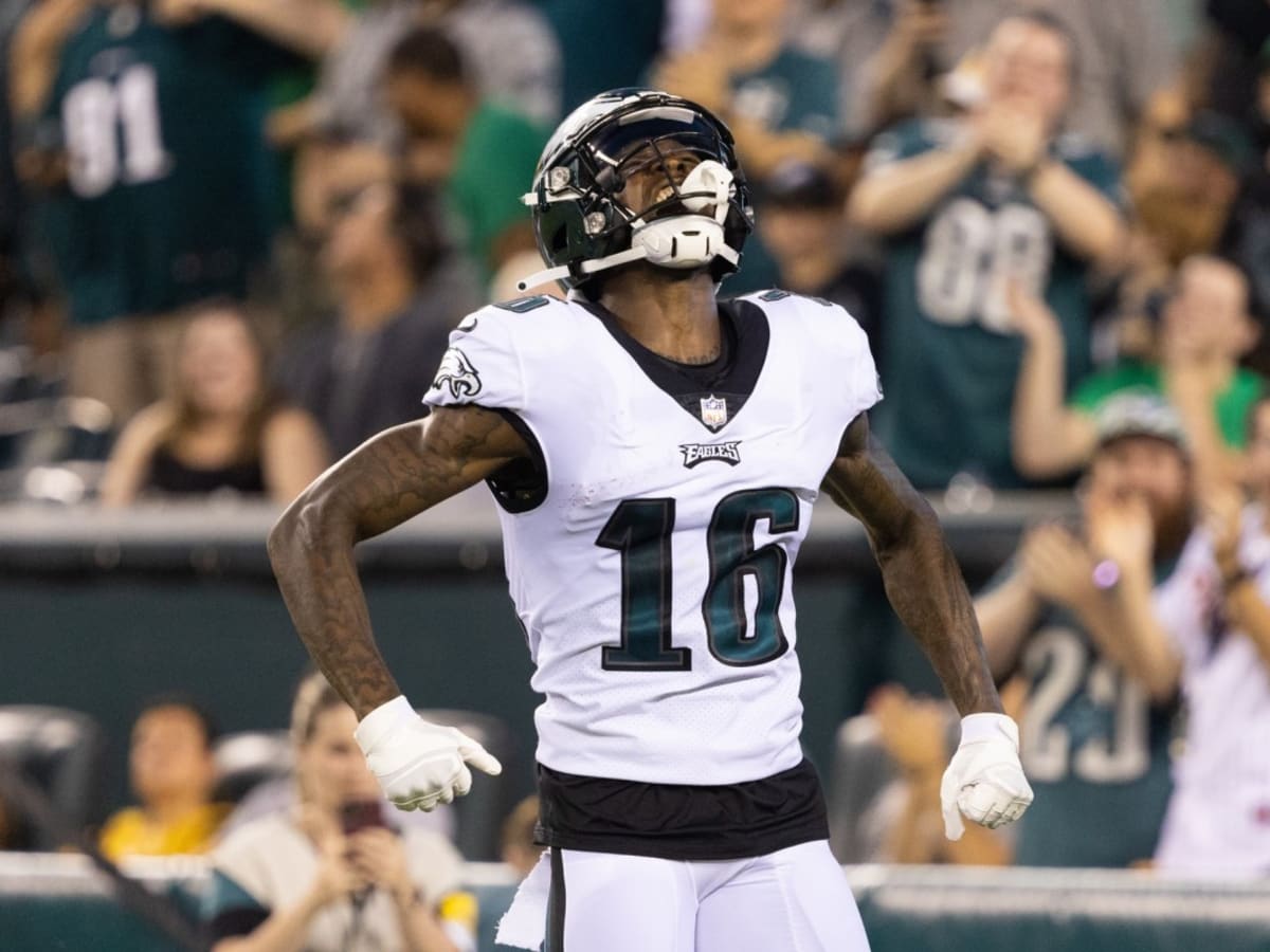 Philadelphia Eagles wide receiver Quez Watkins (16) looks on as his catch  was ruled an incomplete pass against the Tampa Bay Buccaneers during an NFL  football game, Thursday, Oct. 14, 2021, in