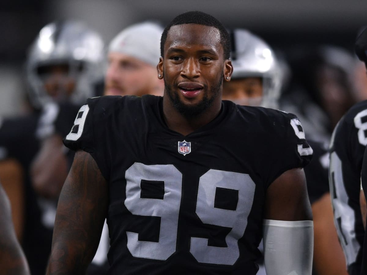 Las Vegas Raiders defensive end Clelin Ferrell (99) gets set on defense  during an NFL football