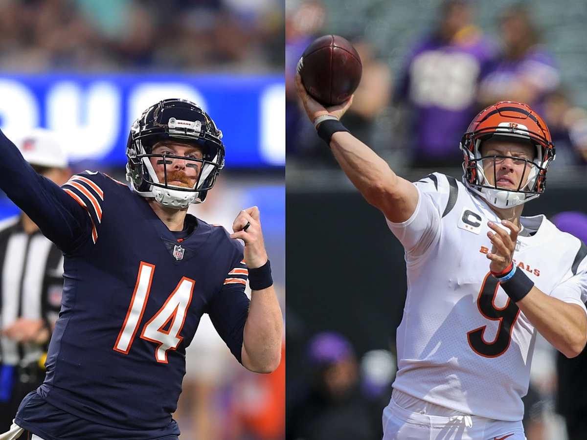 Chicago Bears quarterback Andy Dalton (14) runs the ball against the  Cincinnati Bengals during an NFL