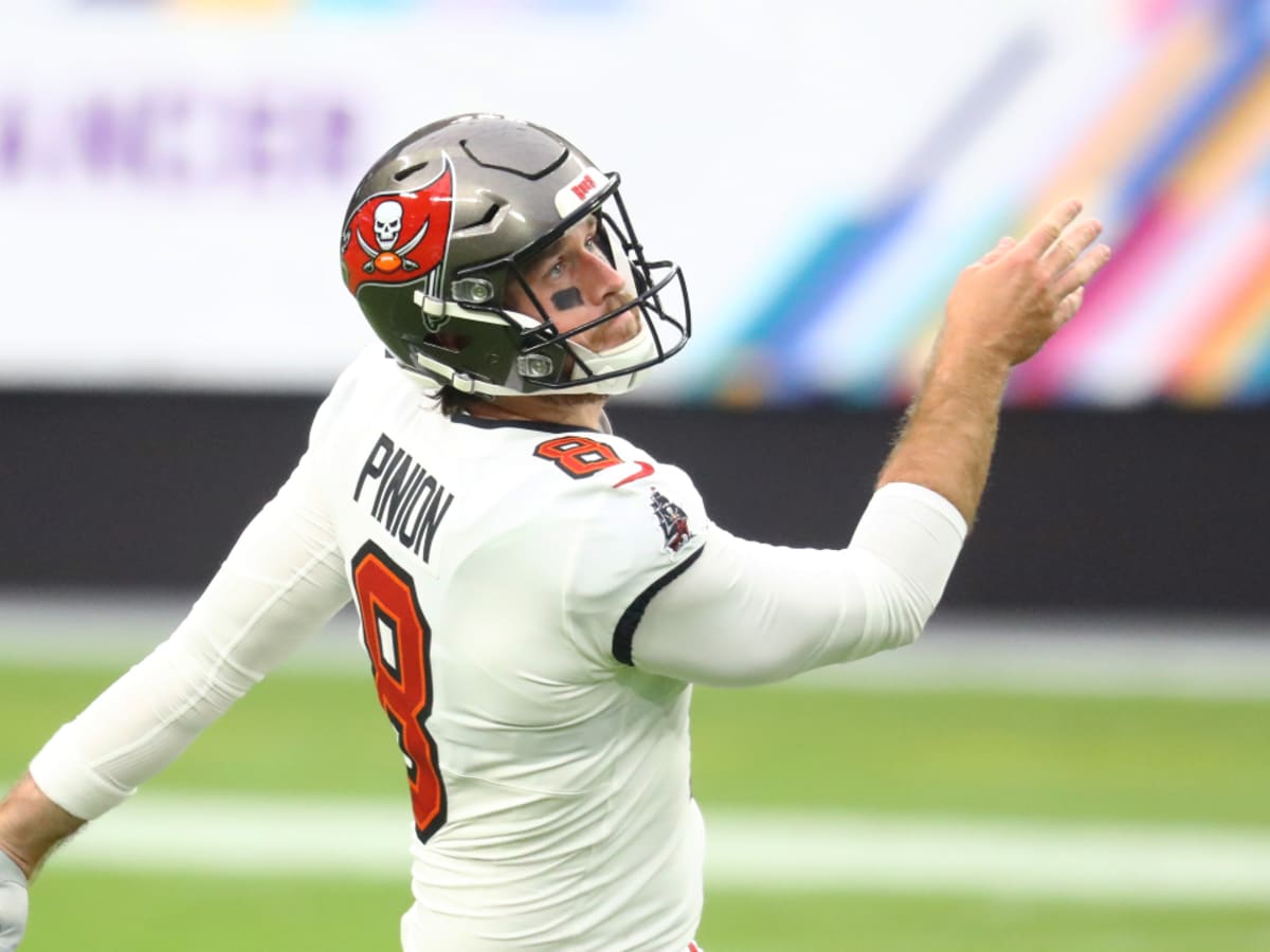 Tampa Bay Buccaneers punter Bradley Pinion (8) walks on the