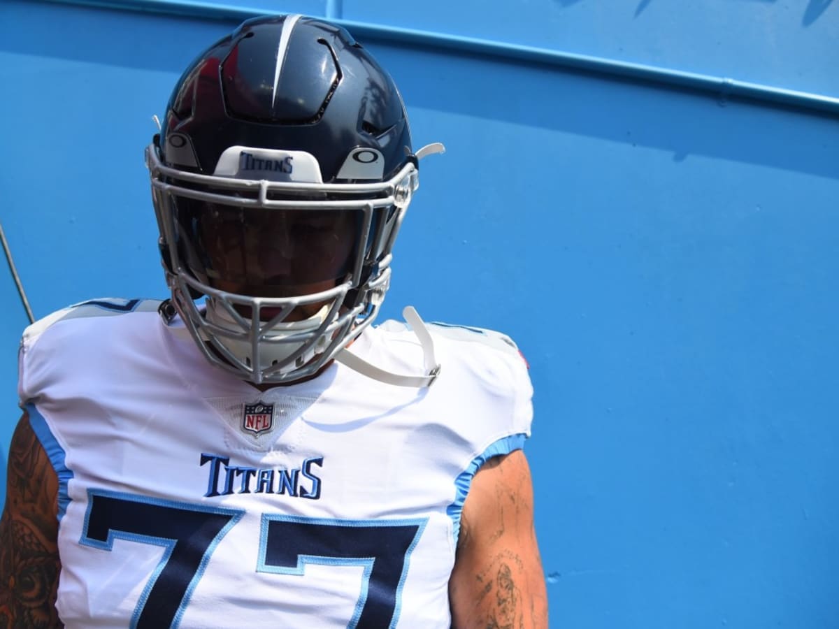 October 31, 2021: Tennessee Titans offensive lineman Taylor Lewan (77)  during NFL football game action between the Tennessee Titans and the  Indianapolis Colts at Lucas Oil Stadium in Indianapolis, Indiana. Tennessee  defeated