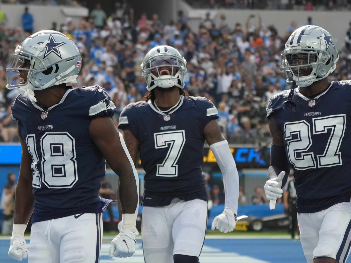 September 19, 2021 Dallas Cowboys corner back Trevon Diggs (7) celebrates  after intercepting a pass during the NFL football game between the Los  Angeles Chargers and the Dallas Cowboys at SoFi Stadium