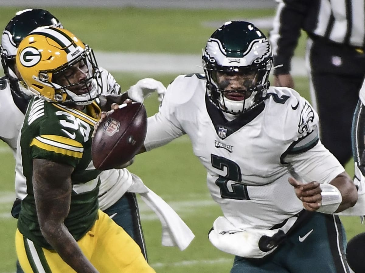 Philadelphia Eagles quarterback Jalen Hurts (1) reacts during the NFL  football game against the Green Bay Packers, Sunday, Nov. 27, 2022, in  Philadelphia. (AP Photo/Chris Szagola Stock Photo - Alamy