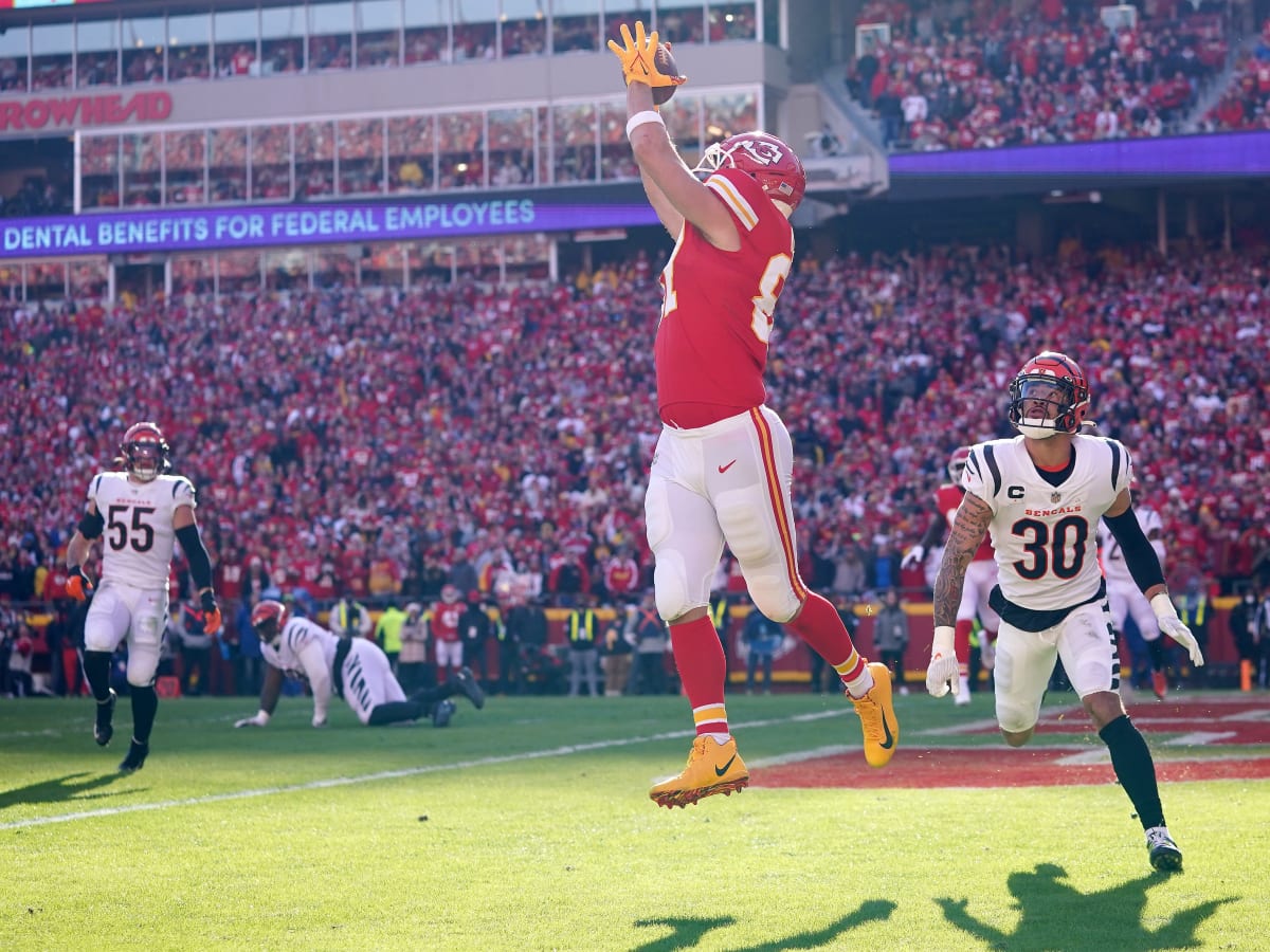 Travis Kelce of the Kansas City Chiefs runs upfield during the AFC