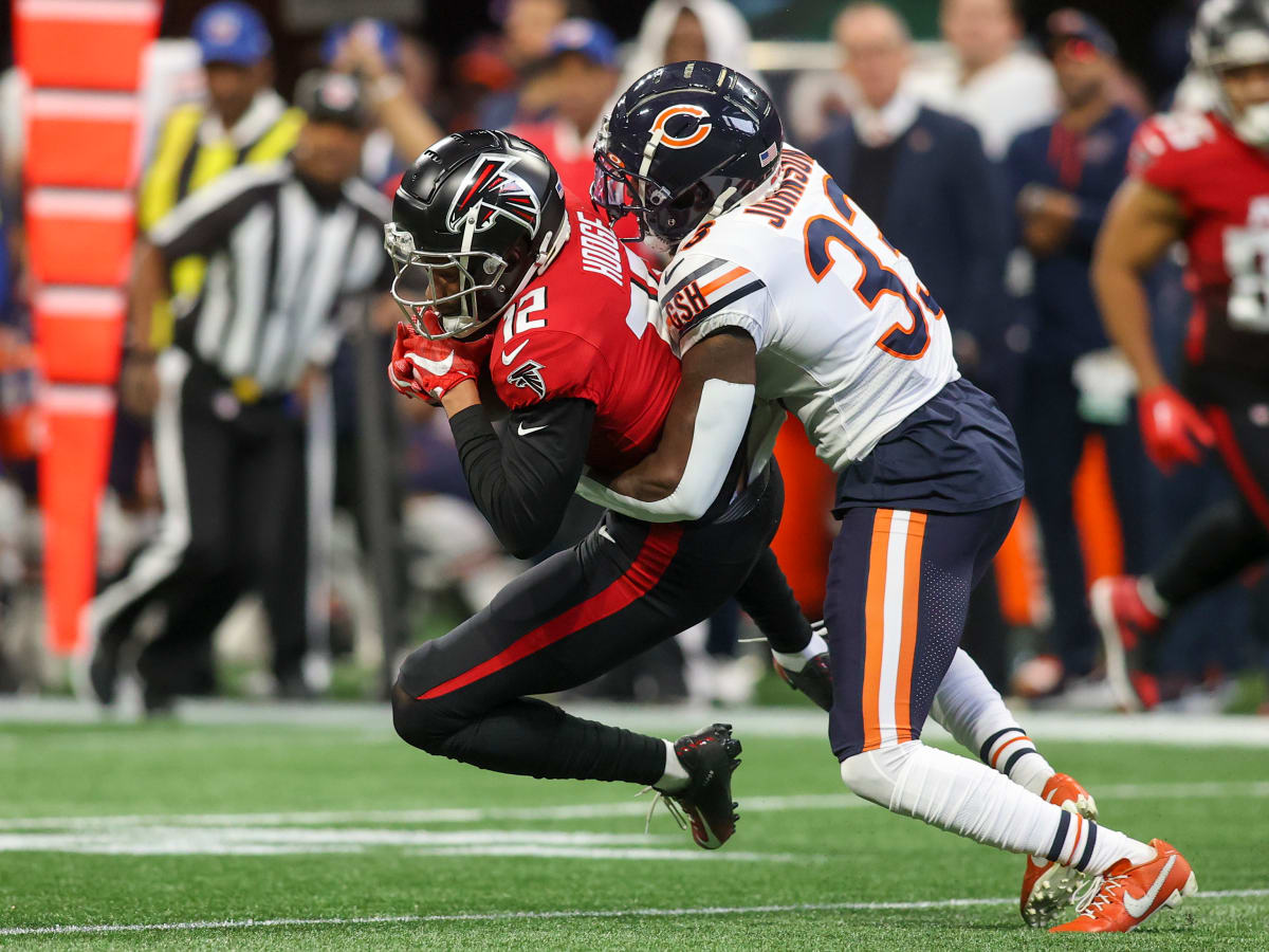 Chicago Bears cornerback Jaylon Johnson (33) defends during the second half  of an NFL football game against the New England Patriots, Monday, Oct. 24,  2022, in Foxborough, Mass. (AP Photo/Stew Milne Stock