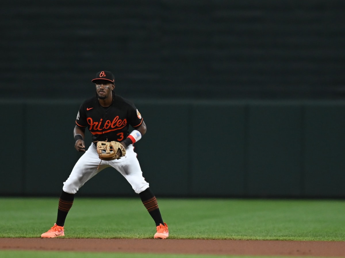 Jorge Mateo of the Baltimore Orioles reacts after hitting a double