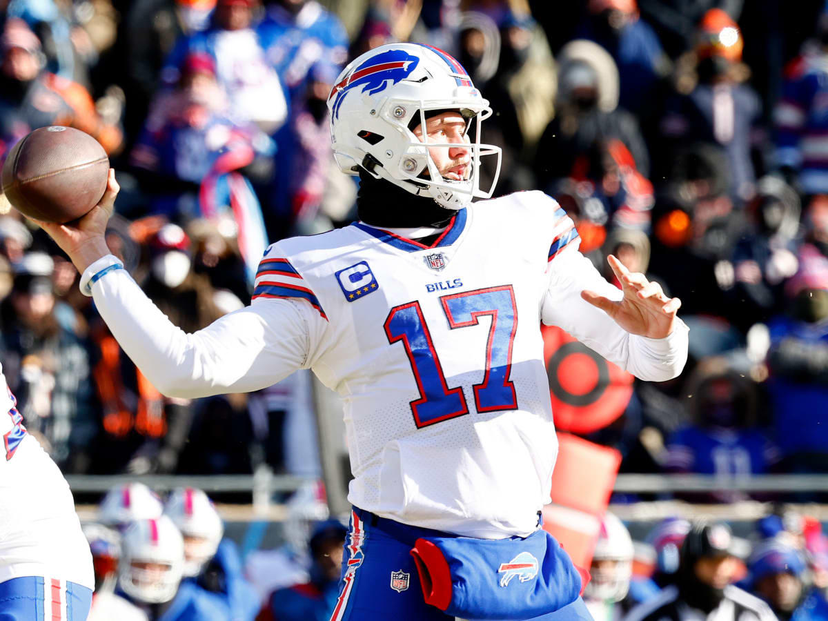 CHICAGO, IL - DECEMBER 24: Buffalo Bills quarterback Josh Allen (17) throws  the football in action during a game between the Buffalo Bills and the  Chicago Bears on December 24, 2022, at