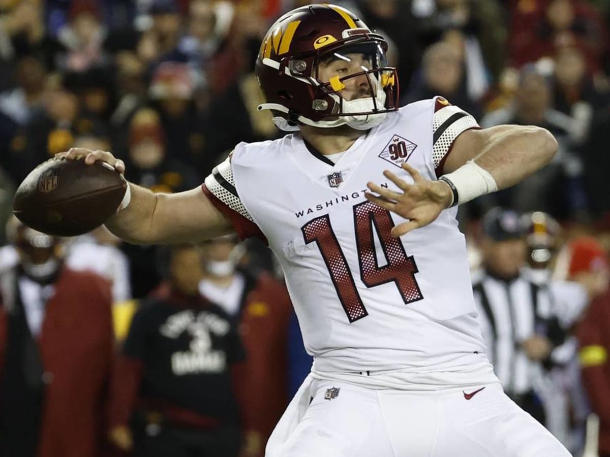 Washington Commanders quarterback Sam Howell (14) warms up prior to the  start of an NFL pre-season football game against the Cleveland Browns,  Friday, Aug. 11, 2023, in Cleveland. (AP Photo/Kirk Irwin Stock