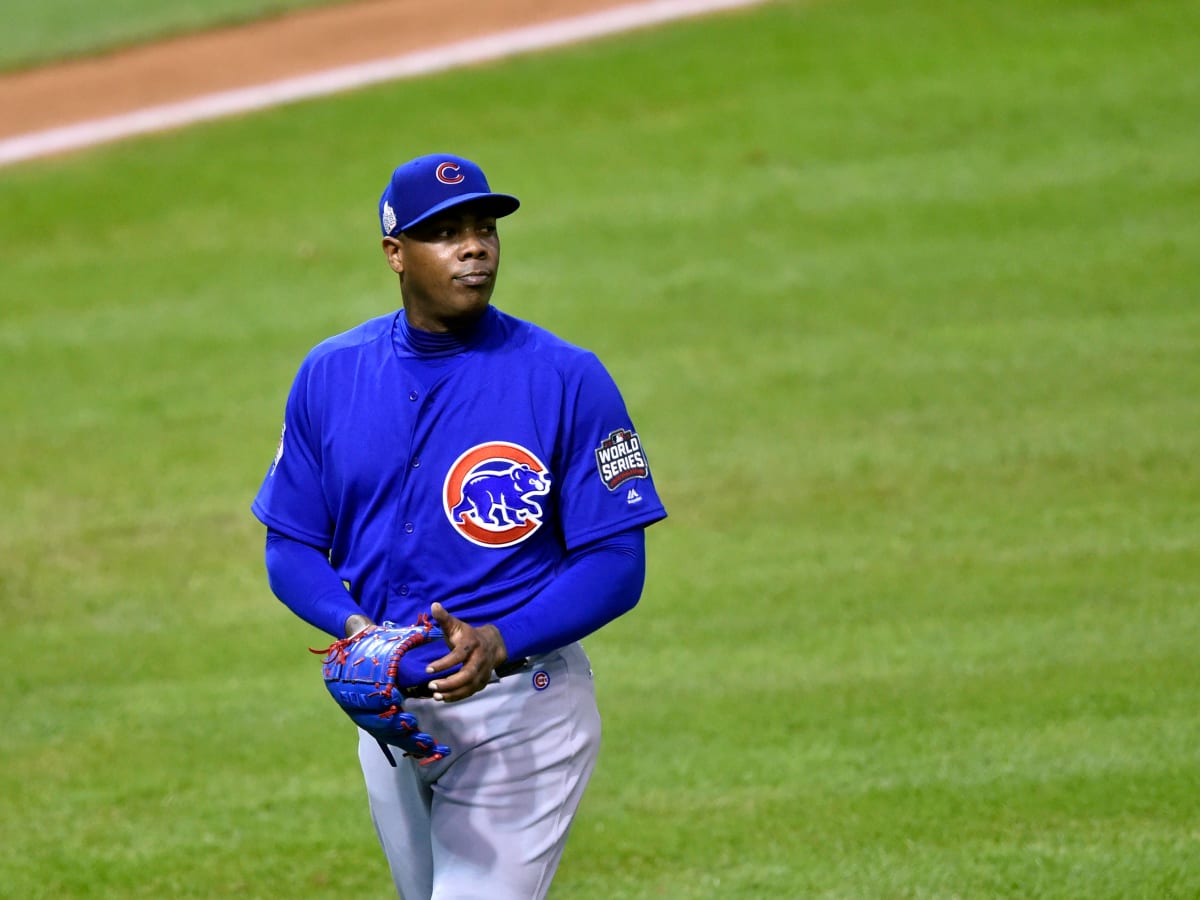 Chicago Cubs reliever AROLDIS CHAPMAN throws a strike