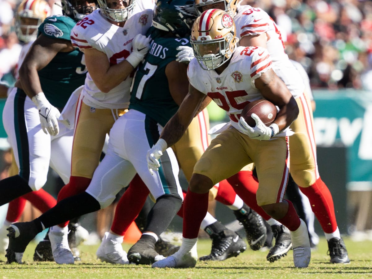 San Francisco 49ers wide receiver Deebo Samuel, left, is tackled by  Philadelphia Eagles cornerback James Bradberry during the first half of the NFC  Championship NFL football game between the Philadelphia Eagles and