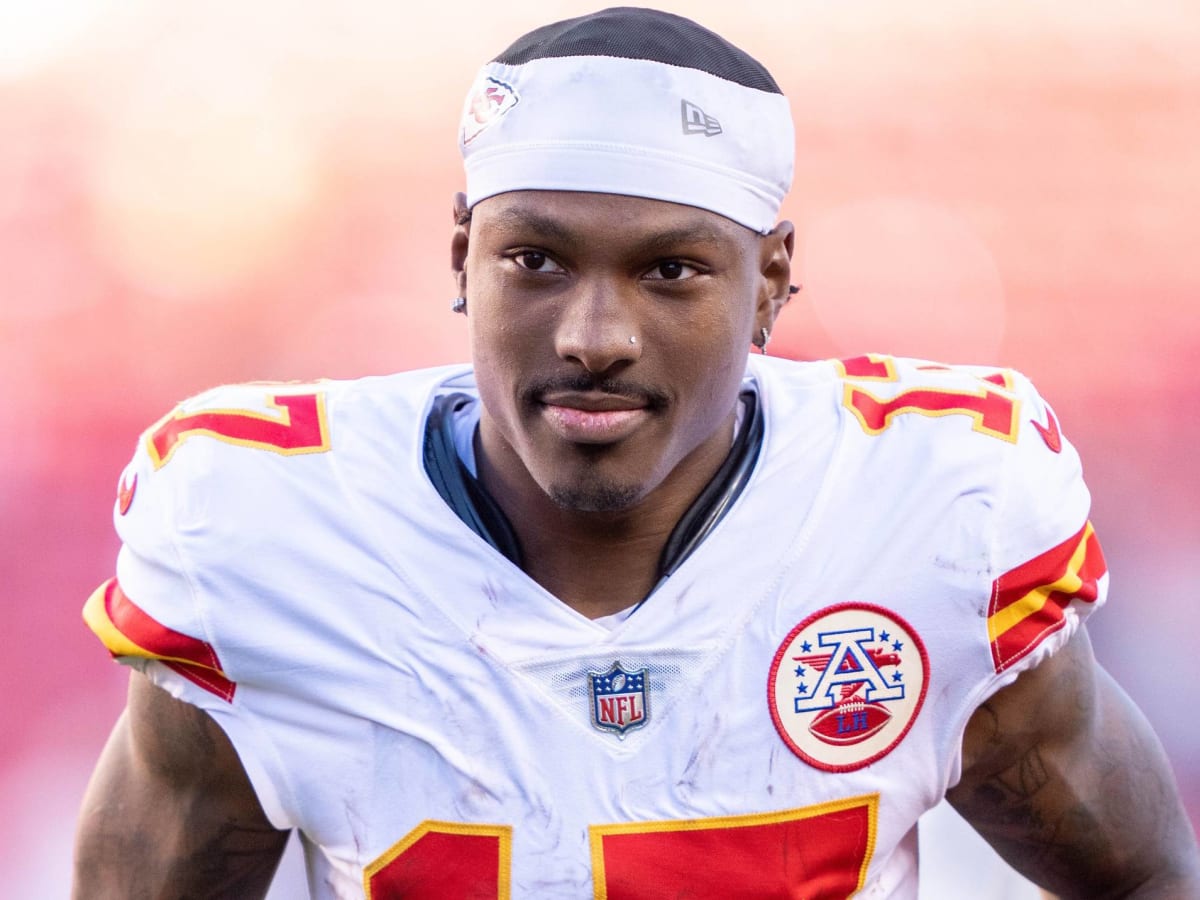 Kansas City Chiefs wide receiver Mecole Hardman (17) poses for a photo  after scoring a touchdown in the fourth quarter against the San Francisco  49ers during an NFL football game, Sunday, Oct.