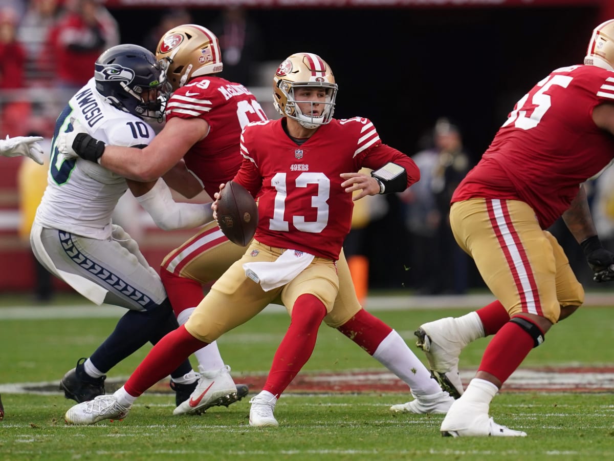 San Francisco 49ers quarterback Brock Purdy warms up before the NFC  Championship NFL football game between the Philadelphia Eagles and the San  Francisco 49ers on Sunday, Jan. 29, 2023, in Philadelphia. (AP