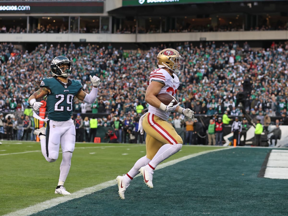 Jan 29, 2023; Philadelphia, Pennsylvania, USA; San Francisco 49ers running  back Christian McCaffrey (23) runs the ball during the first half of the  NFC Championship in Philadelphia, Pennsylvania. Mandatory Credit Eric  Canha/CSM/Sipa