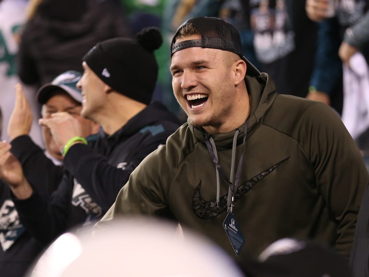 PHILADELPHIA, PA - JANUARY 21: Major League Baseball player Mike Trout  prior to the NFC Divisional playoff game between the Philadelphia Eagles  and the New York Giants on January 21, 2023 at