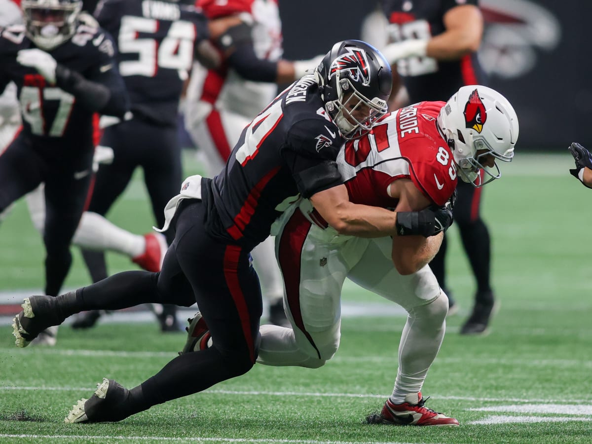 Linebacker Troy Andersen's blitzing quarterback hurry creates an  interception for the Atlanta Falcons defense