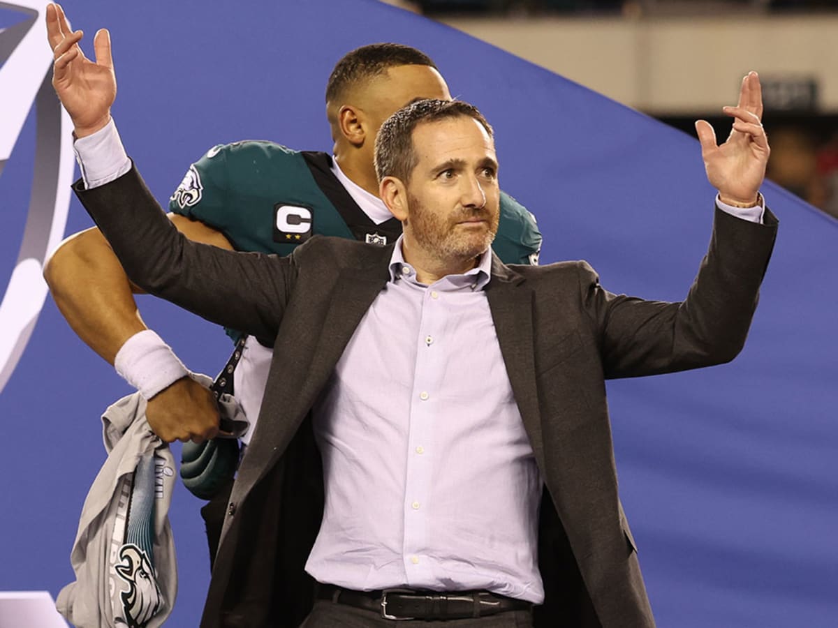 Philadelphia Eagles executive vice president of football operations Howie  Roseman celebrates after winning the NFC Championship at Lincoln Financial  Field in Philadelphia on January 21, 2018. The Eagles defeated the  Minnesota Vikings