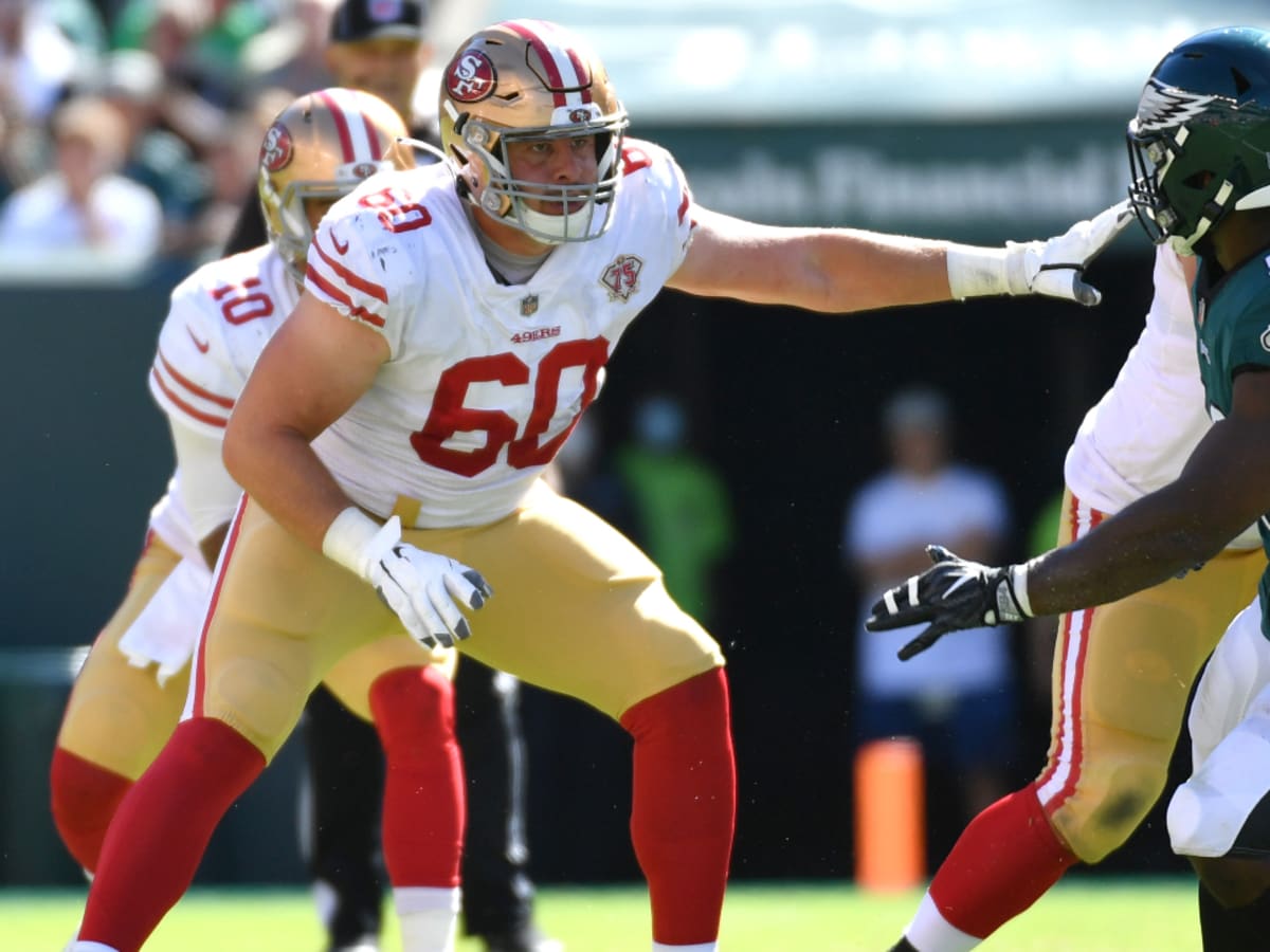 San Francisco 49ers offensive tackle Spencer Burford (74) reacts