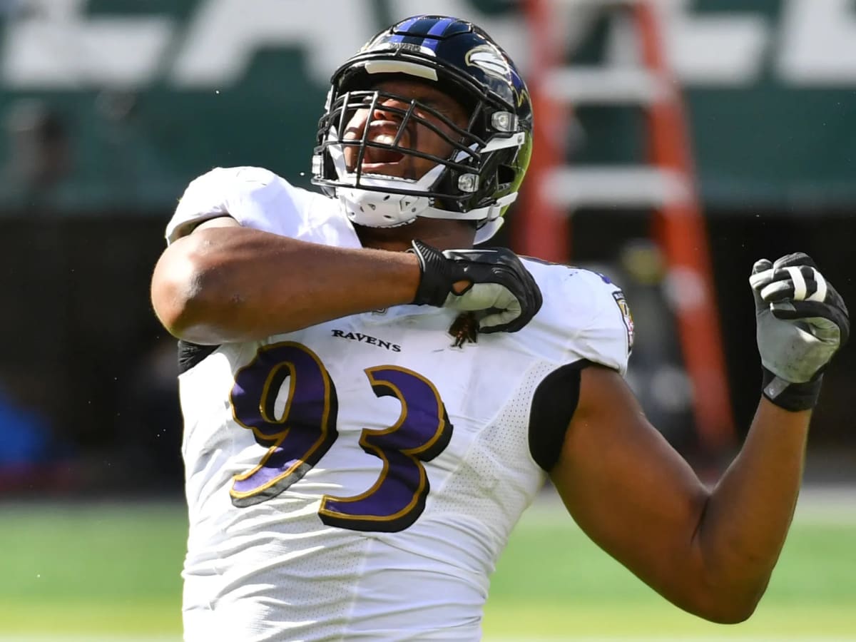 Calais Campbell of the Atlanta Falcons looks on during training