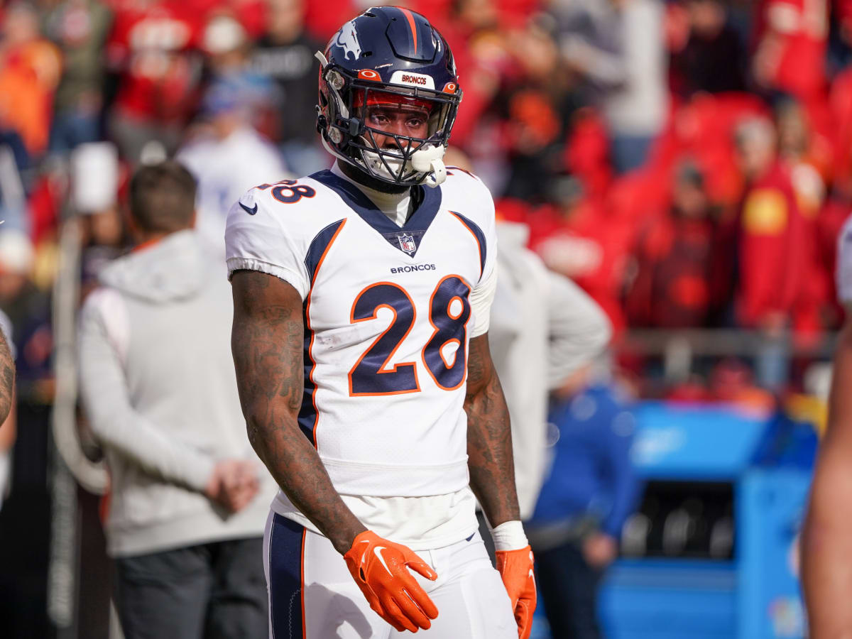 Denver Broncos running back Latavius Murray (28) walks on the sidelines  before the second half of an NFL football game against the Tennessee Titans  Sunday, Nov. 13, 2022, in Nashville, Tenn. (AP