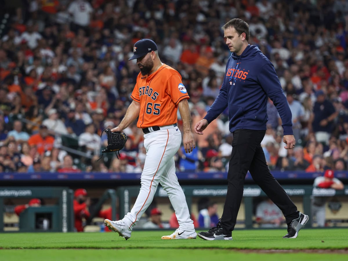 HOUSTON, TX - JUNE 19: (left to right) Houston Astros starting pitcher  Lance McCullers Jr. (43), Houston Astros starting pitcher Jose Urquidy (65)  and Houston Astros second baseman Jose Altuve (27) receive