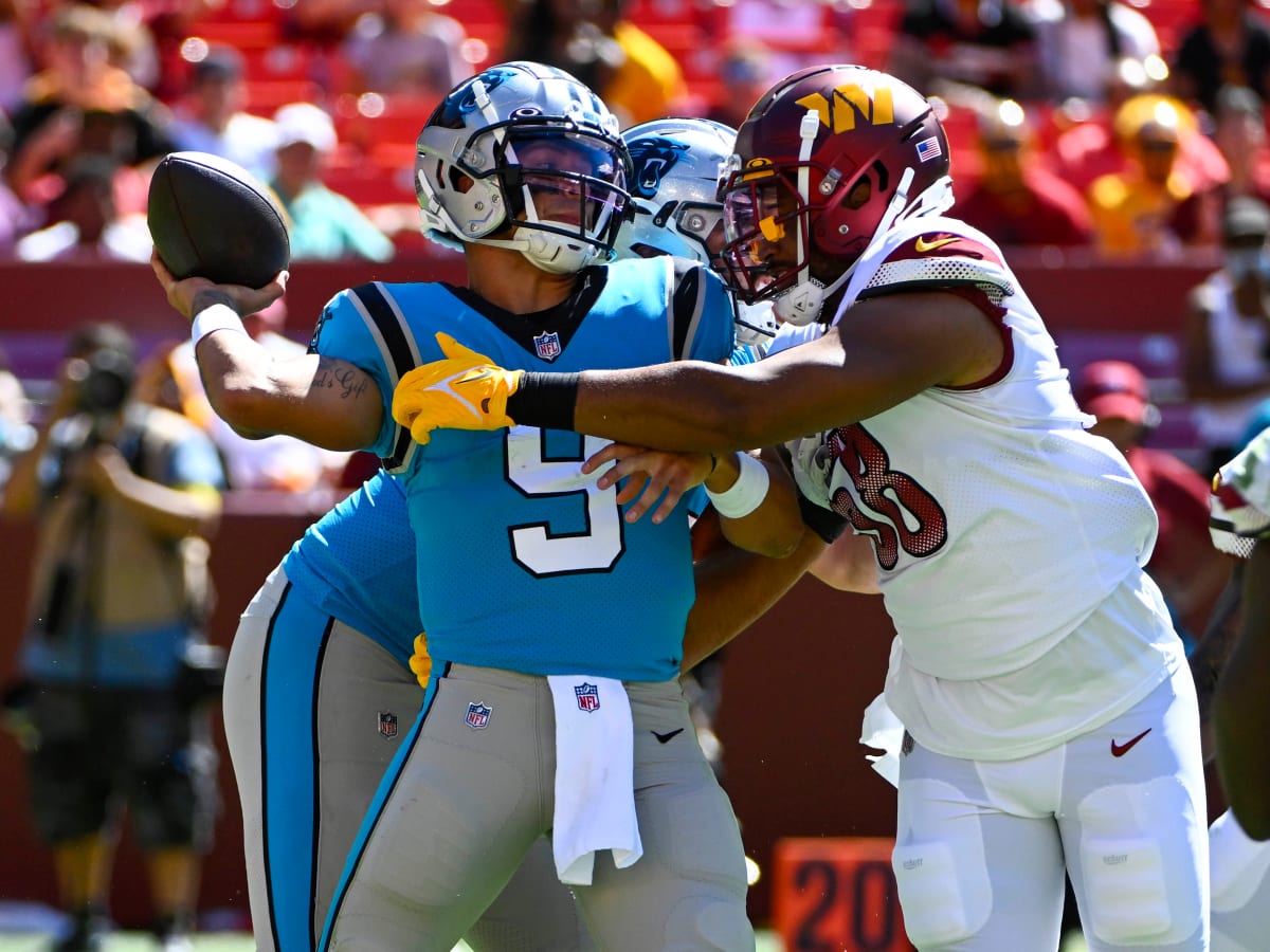 Washington Commanders defensive end Shaka Toney lines up on the line of  scrimmage in the first half of a preseason NFL football game against the  Baltimore Ravens, Saturday, Aug. 27, 2022, in