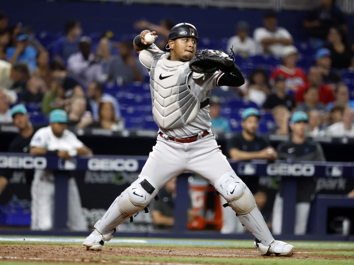 ATLANTA, GA – JULY 19: Arizona catcher Gabriel Moreno (14) reacts